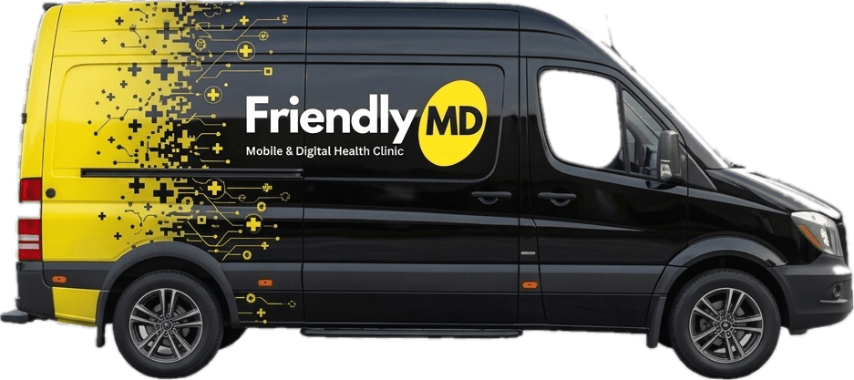 The FriendlyMD mobile clinic — a Sprinter van in FriendlyMD livery.